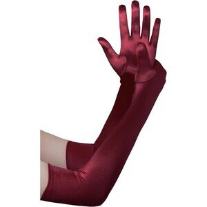 Women's Dark Red Vintage Satin Long Gloves Party Costume Stretchy Elbow Length